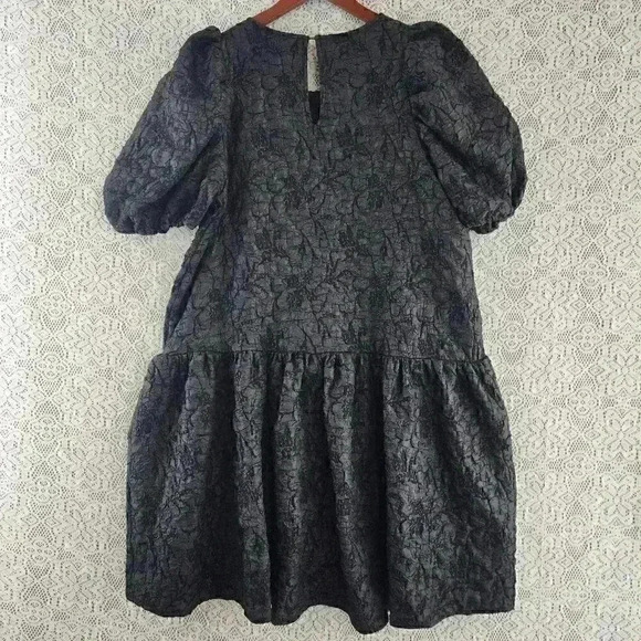 Enless Rose Textured Crinkle Short Balloon sleeve Black Tunic Dress L - Picture 4 of 11
